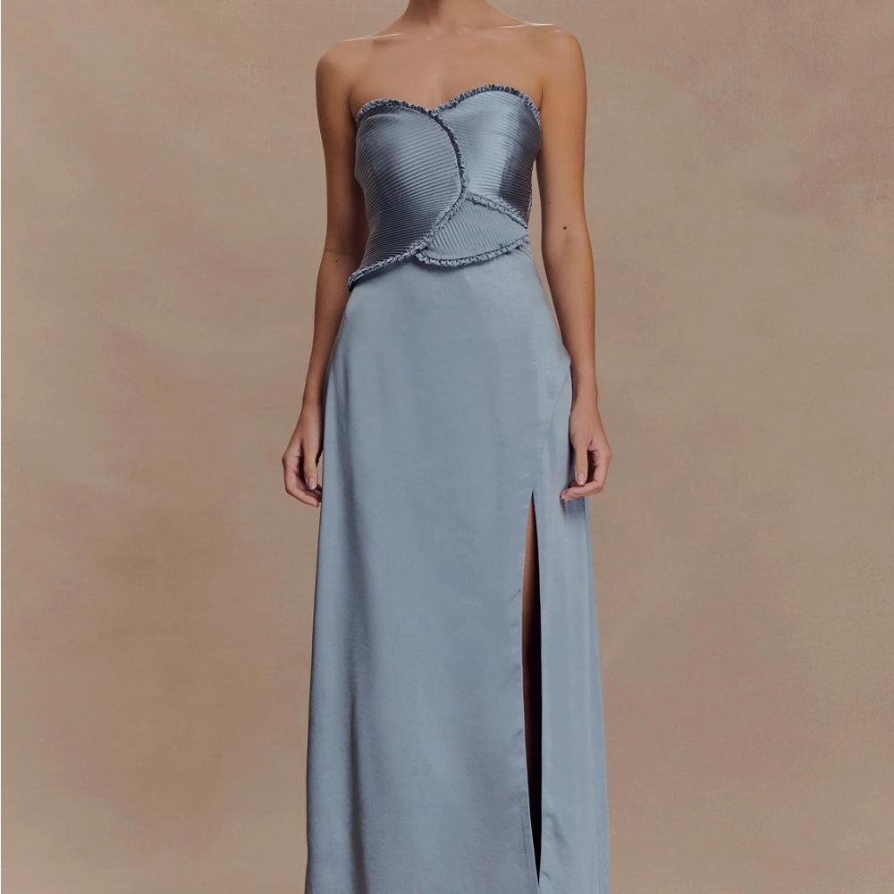 Meshki Larissa Satin Maxi Dress With Ruched Petals - Frosted Blue -S